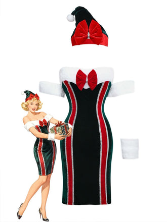 1960er Trägerlos Samt Weihnachten Pelzbesatz Bogen Kleid Set