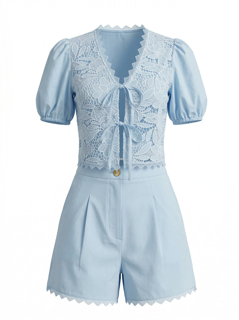 50er Baumwoll-Top & Shorts mit Puffärmel und Vorderbindung
