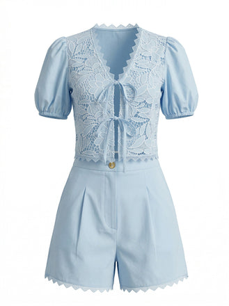 50er Baumwoll-Top & Shorts mit Puffärmel und Vorderbindung