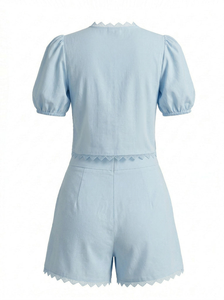 50er Baumwoll-Top & Shorts mit Puffärmel und Vorderbindung