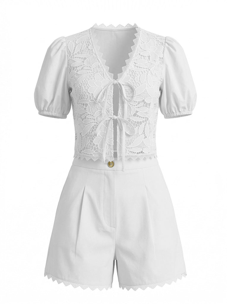 50er Baumwoll-Top & Shorts mit Puffärmel und Vorderbindung