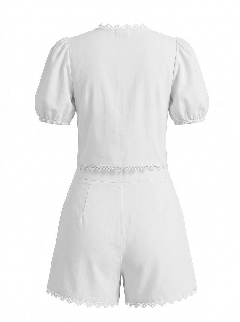 50er Baumwoll-Top & Shorts mit Puffärmel und Vorderbindung