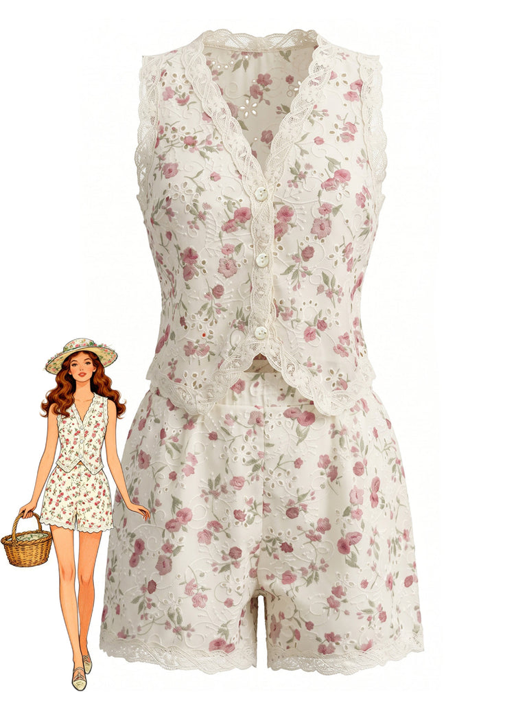 Beige 40er Top & Shorts mit Ditsy-Blumen und Patchwork
