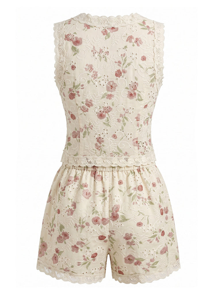 Beige 40er Top & Shorts mit Ditsy-Blumen und Patchwork