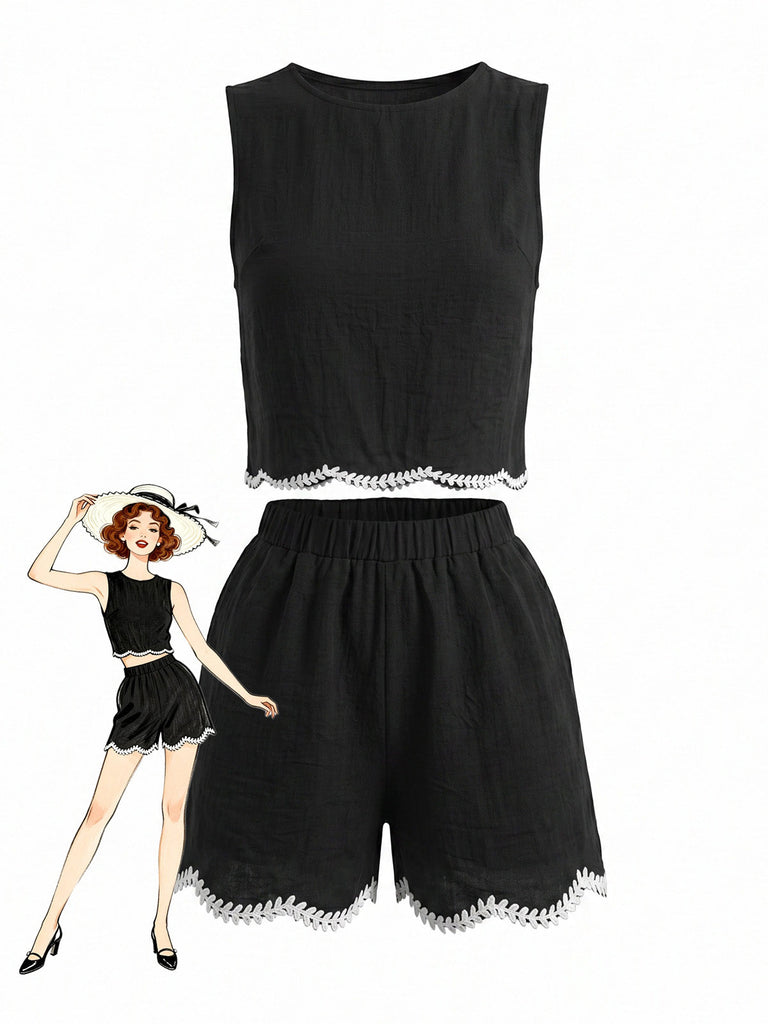 Schwarzes 50er Weste & Shorts Set mit Häkelarbeit und Besatz