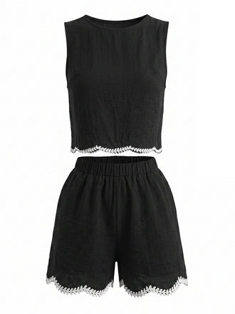 Schwarzes 50er Weste & Shorts Set mit Häkelarbeit und Besatz