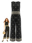 Schwarzes 70er Boho-Set aus Top und Hose mit Rundhalsausschnitt