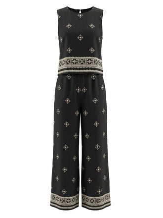 Schwarze 70er Bohemian Hose mit Runden und Nacken