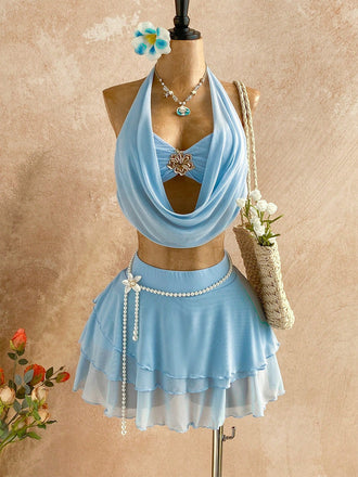 Hellblaues 80er Bikini-Set & Cover-Up mit Neckholder