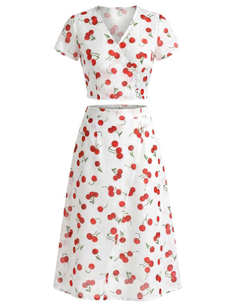 Roter 60er Top & Rock mit Kirschen und V-Ausschnitt