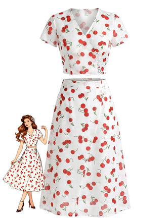 Roter 60er Top & Rock mit V-Ausschnitt und Kirschen