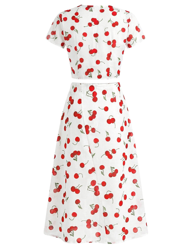 Roter 60er Top & Rock mit V-Ausschnitt und Kirschen