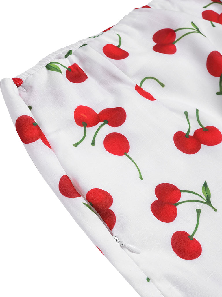 Roter 60er Top & Rock mit V-Ausschnitt und Kirschen