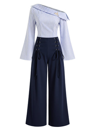 2PCS 1940er Streifen Bluse mit Perlenbrosche & Schnürung Hose