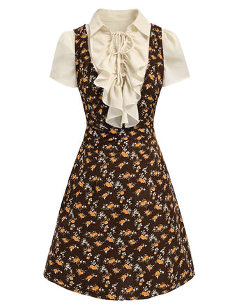 2-teiliges Set aus viktorianischer Rüschenbluse und geblümtem Cordkleid aus den 1960er Jahren (Vorderansicht)