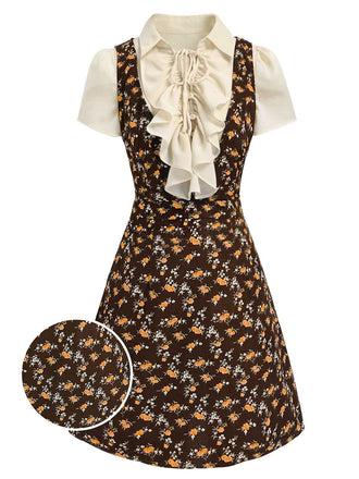 2-teiliges Set aus viktorianischer Rüschenbluse und Cordkleid mit Blumenmuster aus den 1960er Jahren (Detailansicht)