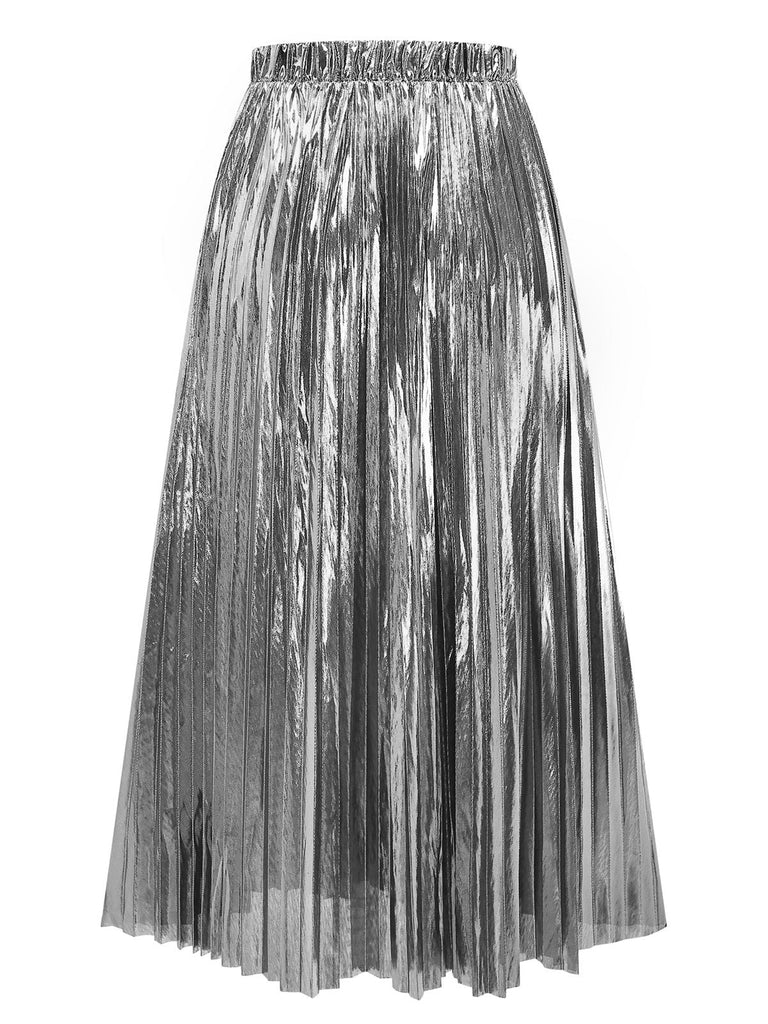 Silber 2PCS Metallic 1980er Plissiertes Cut-Out Badeanzug & Cover-Up