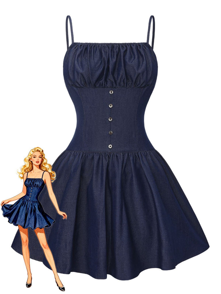 Blau 1960er Spaghetti Träger Gerafft Mini Kleid