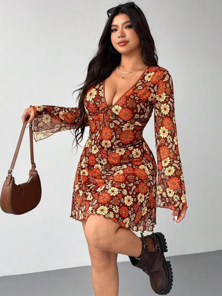 [Übergröße] Orange 1960er V-Ausschnitt Blumen Kleid