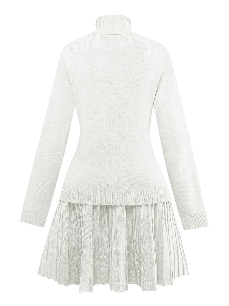 2PCS 1960er Stricken Rollkragen Pullover & Plissiertes Rock