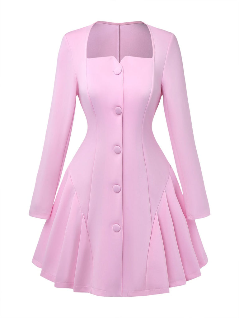 1950er Solide Lang Ärmel Plissiertes Kleid