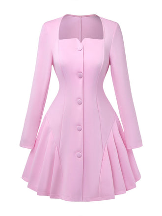 1950er Solide Lang Ärmel Plissiertes Kleid