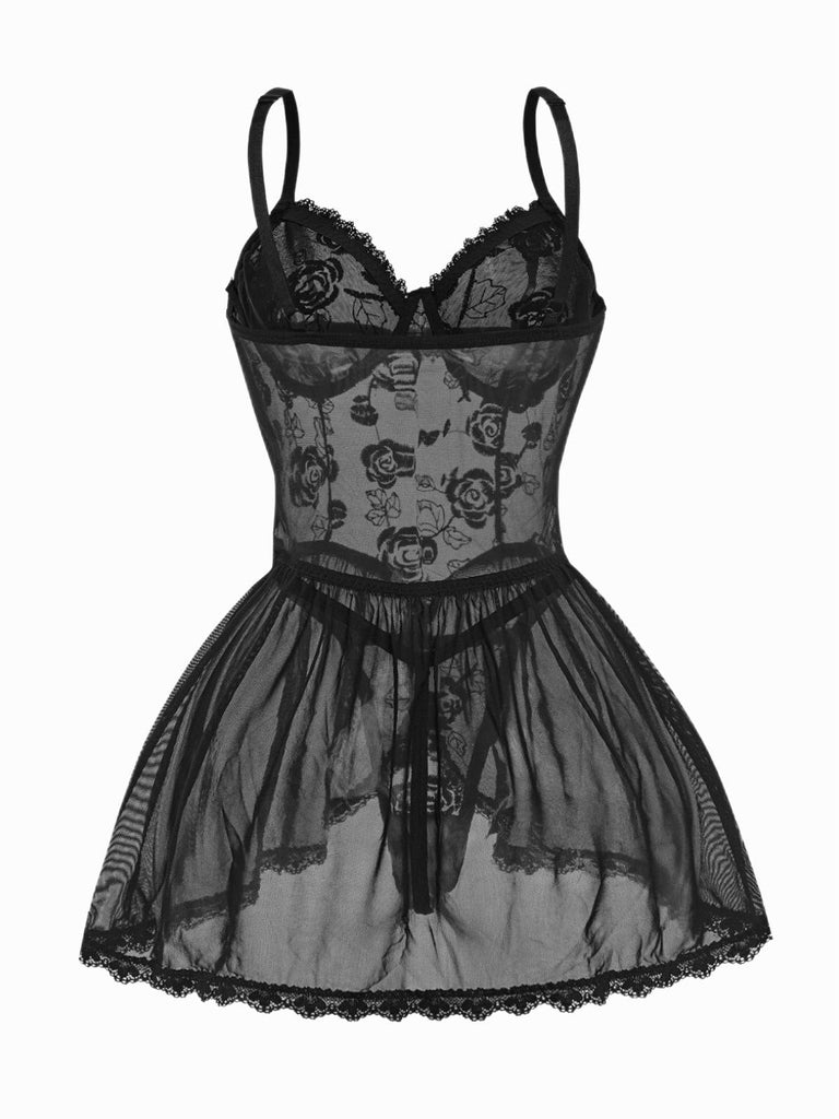 Schwarz 1970er Rose Durchsichtig Spitze Spaghettiträger Babydoll Nachthemd