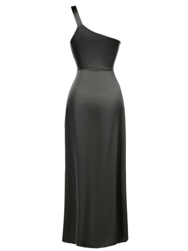 1940er Solide Satin Eine Schulter Kleid