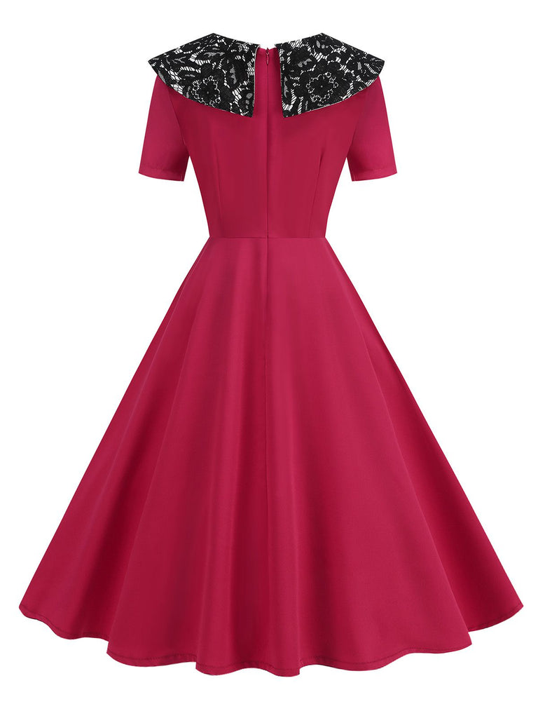 Rot 1950er Spitze Blumen Matrosen Kragen Swing Kleid