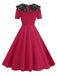 Rot 1950er Spitze Blumen Matrosen Kragen Swing Kleid