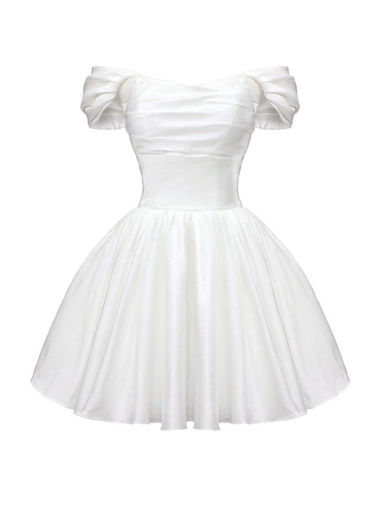 Weiß 1960er Satin Schulterfrei Mini Kleid
