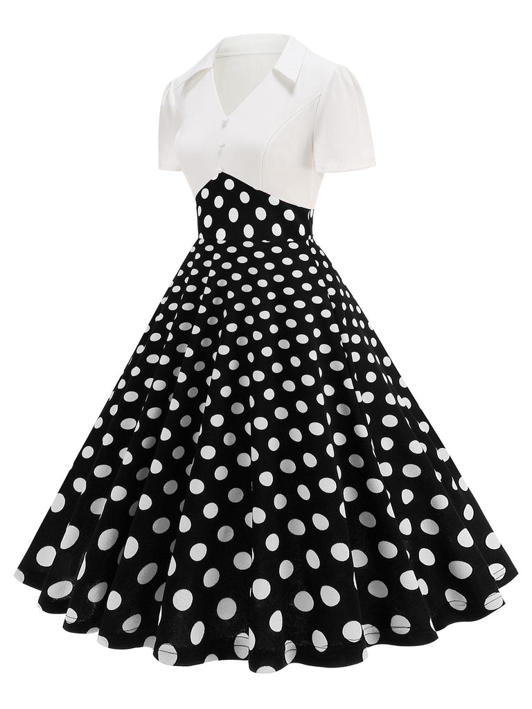 1950er Revers Polka Dots Patchwork Swing Kleid