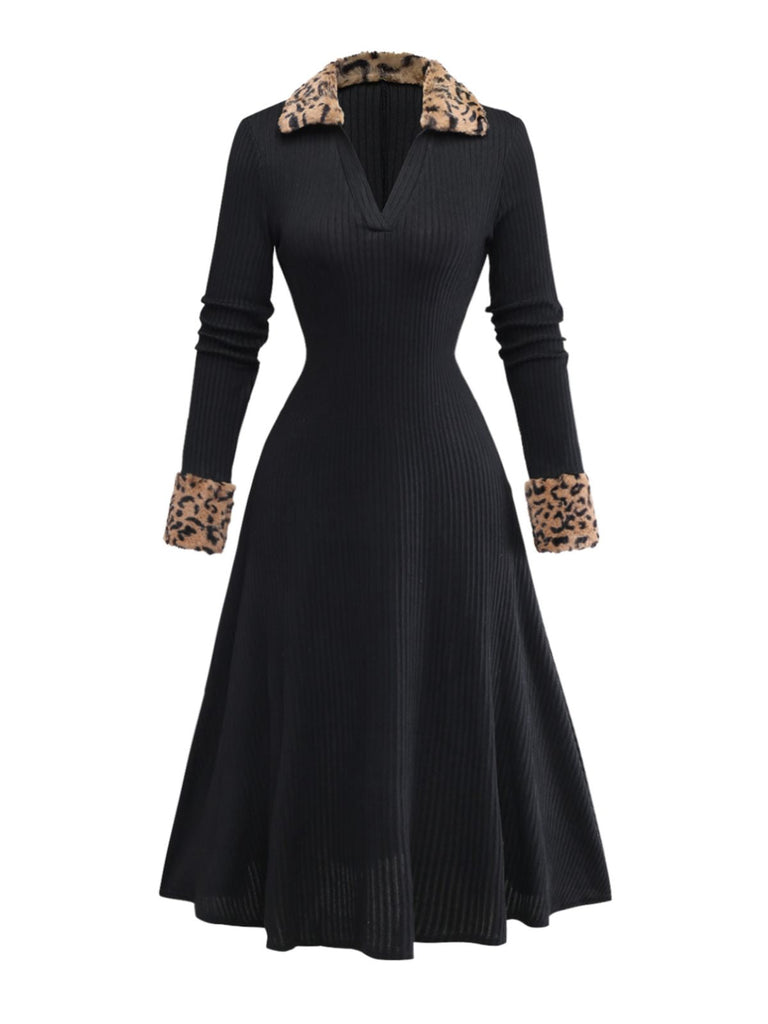 Schwarz 1940er Leopard Kunst Pelz Besatz Gerippt Stricken Kleid