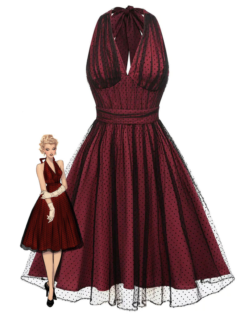 [Vorverkauf] Dunkelrot 1950er Tupfen Netz Swing Kleid