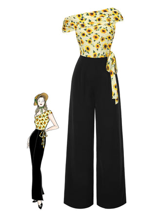 Gelb 1930er Sonnenblume Schräger Hals Jumpsuit