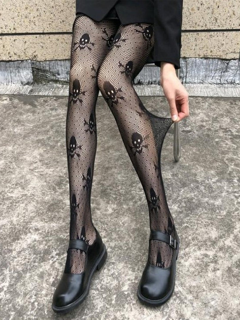 Schwarz Gothic Schädel Netzstrumpfhose