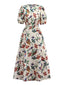 Beige 1940er Blumen & Vögel Druck Puffärmel Kleid