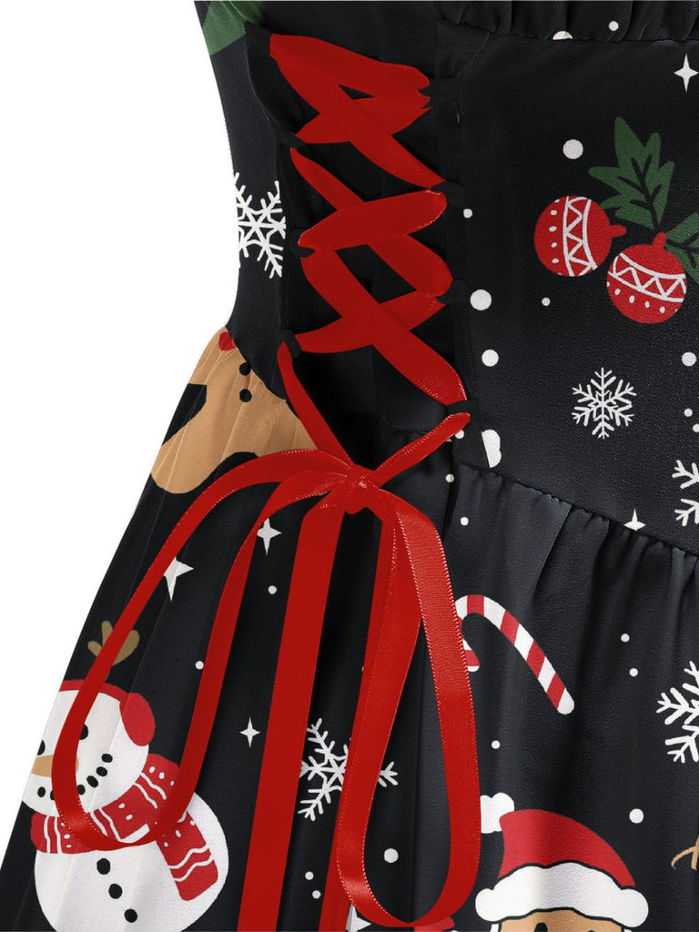 Schwarz 1950er Weihnachten Breite Träger Schnürung Kleid
