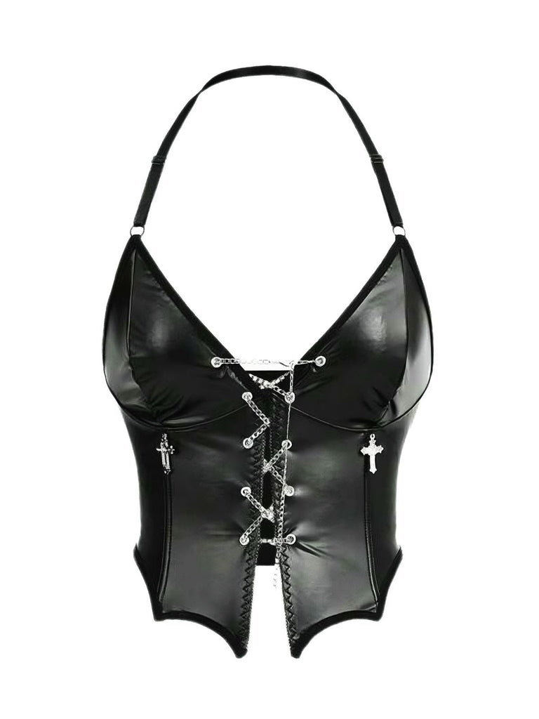 Schwarz 1980er Gothic Kreuz Kordelzug Chain Halter Korsett