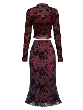 3PCS Weinrot 1930er Beflockt Blumen Transparent Set