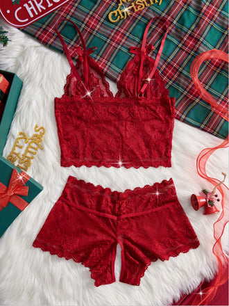 Rot 1950er Spitze Sheer Spaghetti Träger Nachtwäsche Set