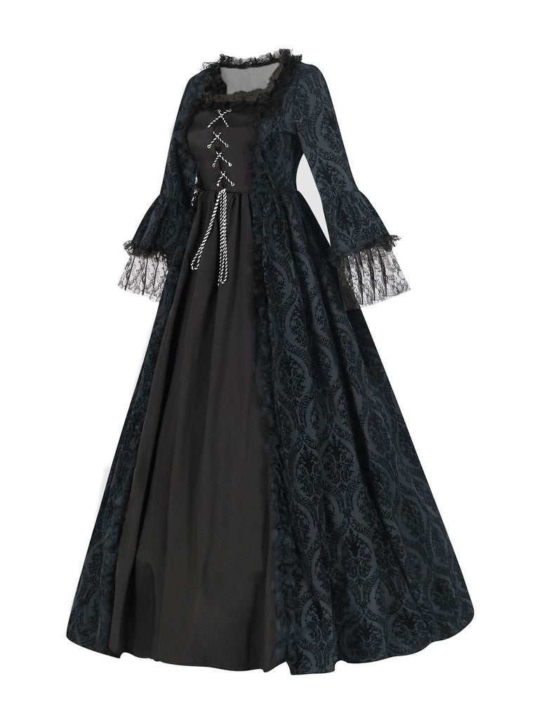 Schwarz 1950er Gothic Viktorianisch Spitze Glockenärmel Kleid