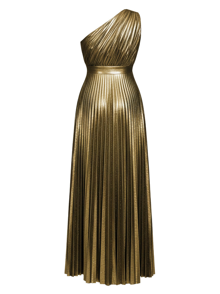 Gold 1980er Metallic Eine Schulter Plissiertes Party Kleid