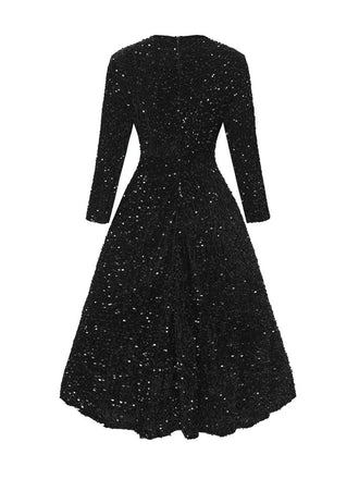Schwarz 1940er Solide Pailletten Langarm Maxi Kleid