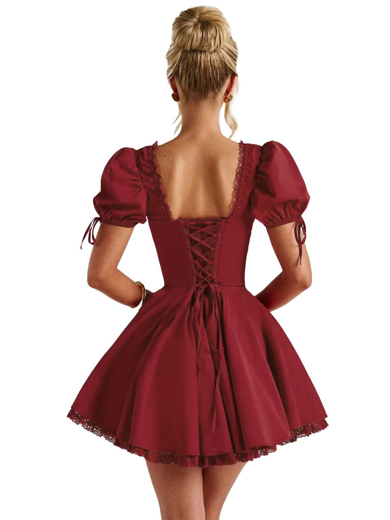 Rot 1960er Solide Puffärmel Schnürung Kleid