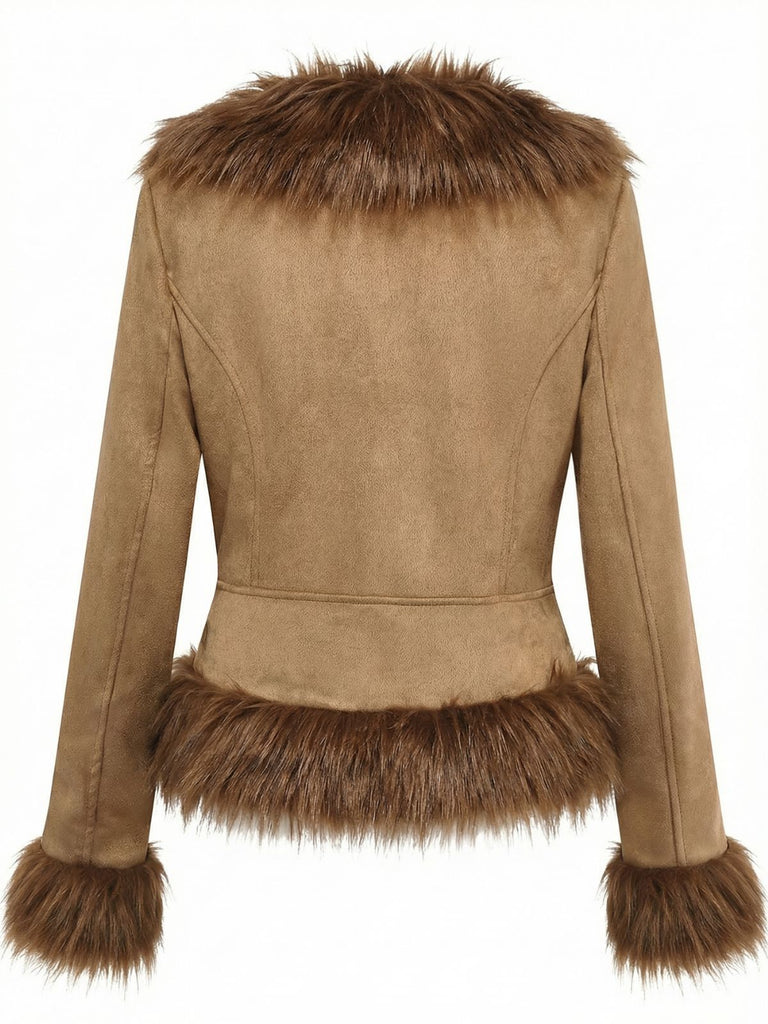 Braun 1970er Kunstwildleder Pelzbesatz Rose Bestickt Jacke