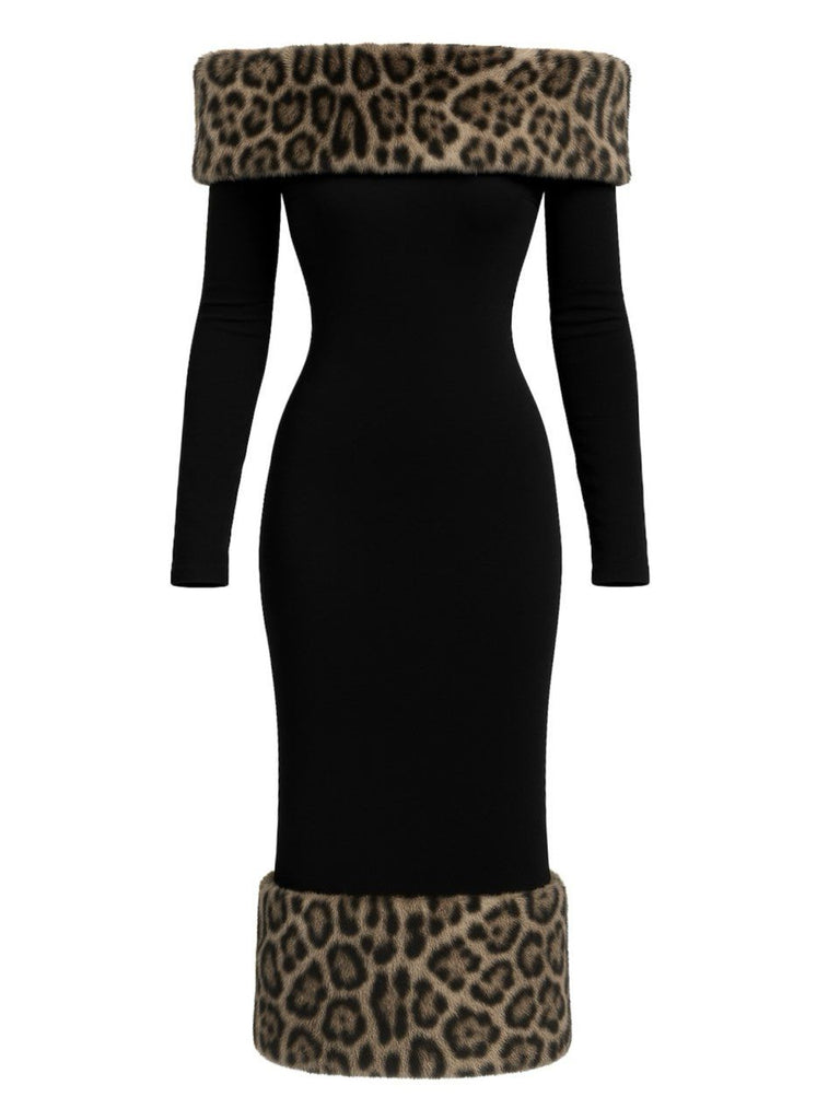 Schwarz 1930er Leopard Pelz Patchwork Einschultrig Kleid