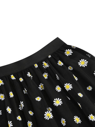 1940er Gänseblümchen Netz Hohe Taille A-Linie Rock