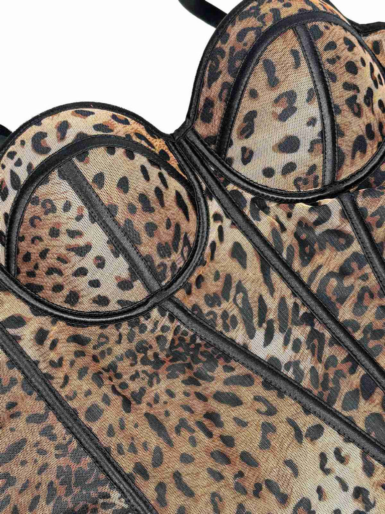 1980er Leopard Spaghetti Träger Fischgrätmuster Korsett