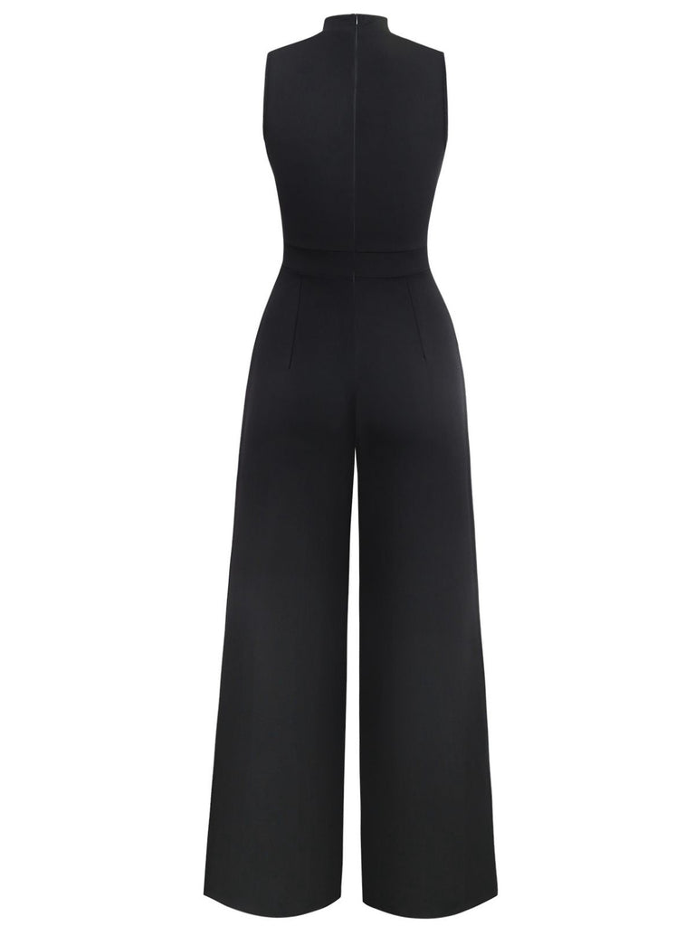 Schwarz 1930er Ärmellos Chain Kordelzug Halbrollkragen Jumpsuit